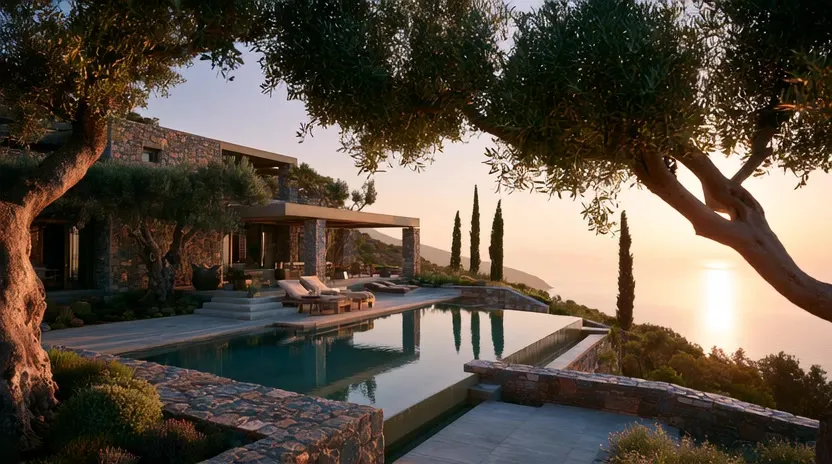 Kretische Villa mit Infinity-Pool im warmen Abendlicht, dahinter das Libysche Meer