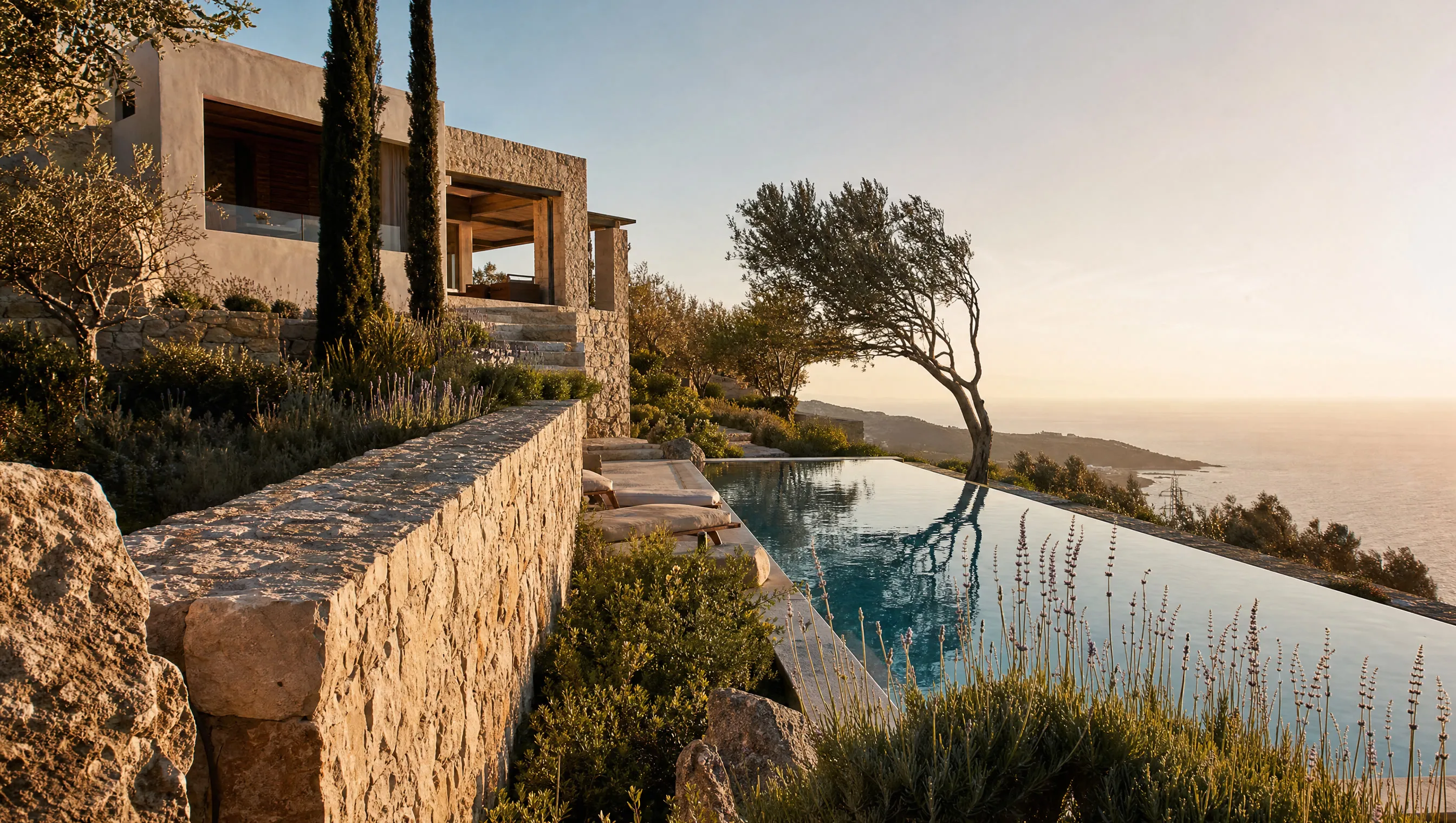 Kretische Villa mit Infinity-Pool im warmen Abendlicht, dahinter das Libysche Meer